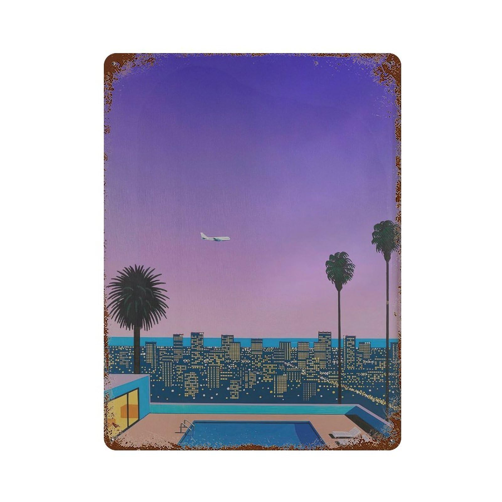 xiaoxiaoshen Cityscape And Poolside. Hiroshi Nagai Japanese City Pop Wall Decor Art Metal Tin Poster Modern Home Decor Art Home Bar Shop Decorations Vintage Sign 40x30cm