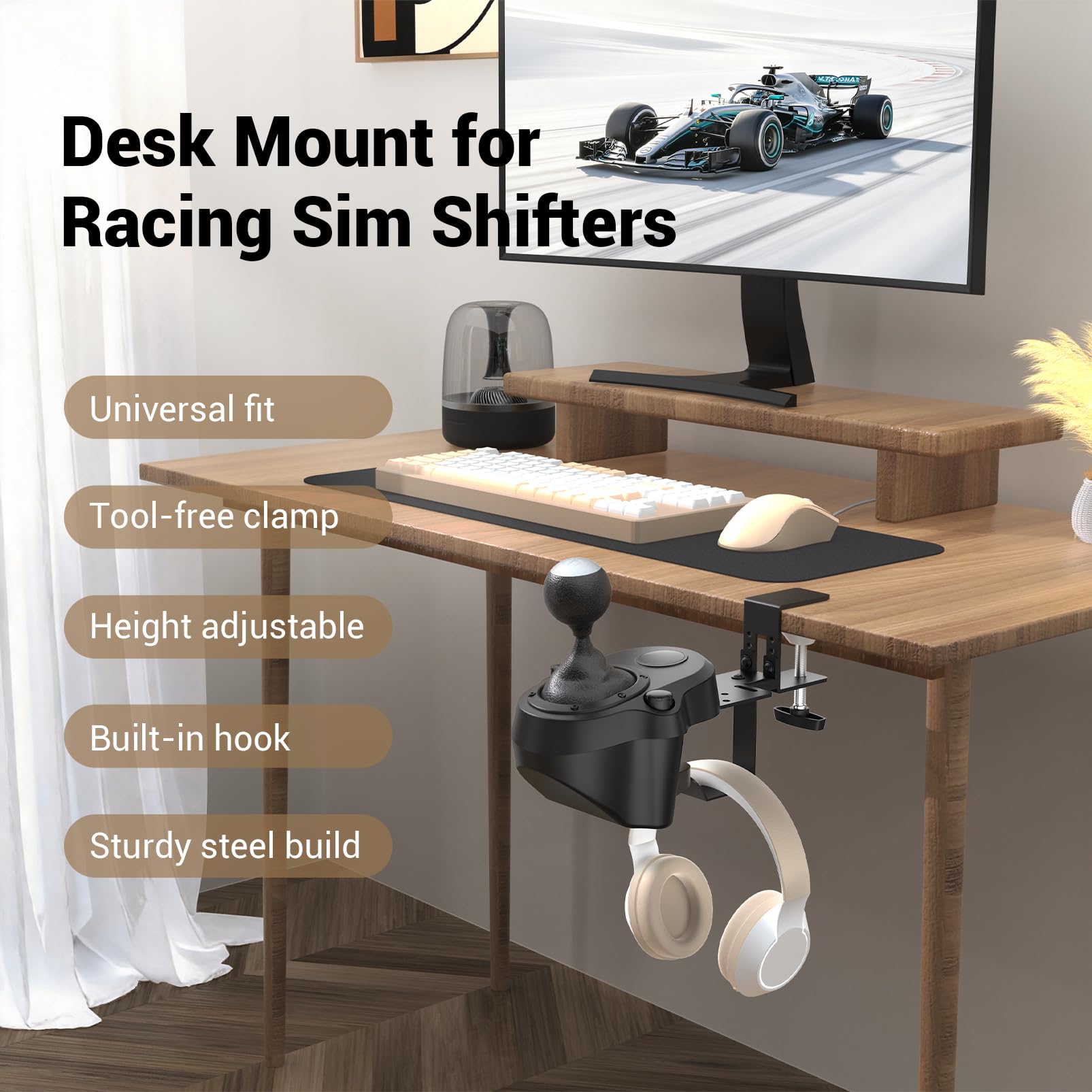 Soporte de Palanca de Cambios para Simulador de Carreras, Abrazadera de Montaje en Escritorio con Portaauriculares Compatible con Logitech,Thrustmaster, Fanatec,Moza,Simagic,Turtle Beach,Heusinkveld