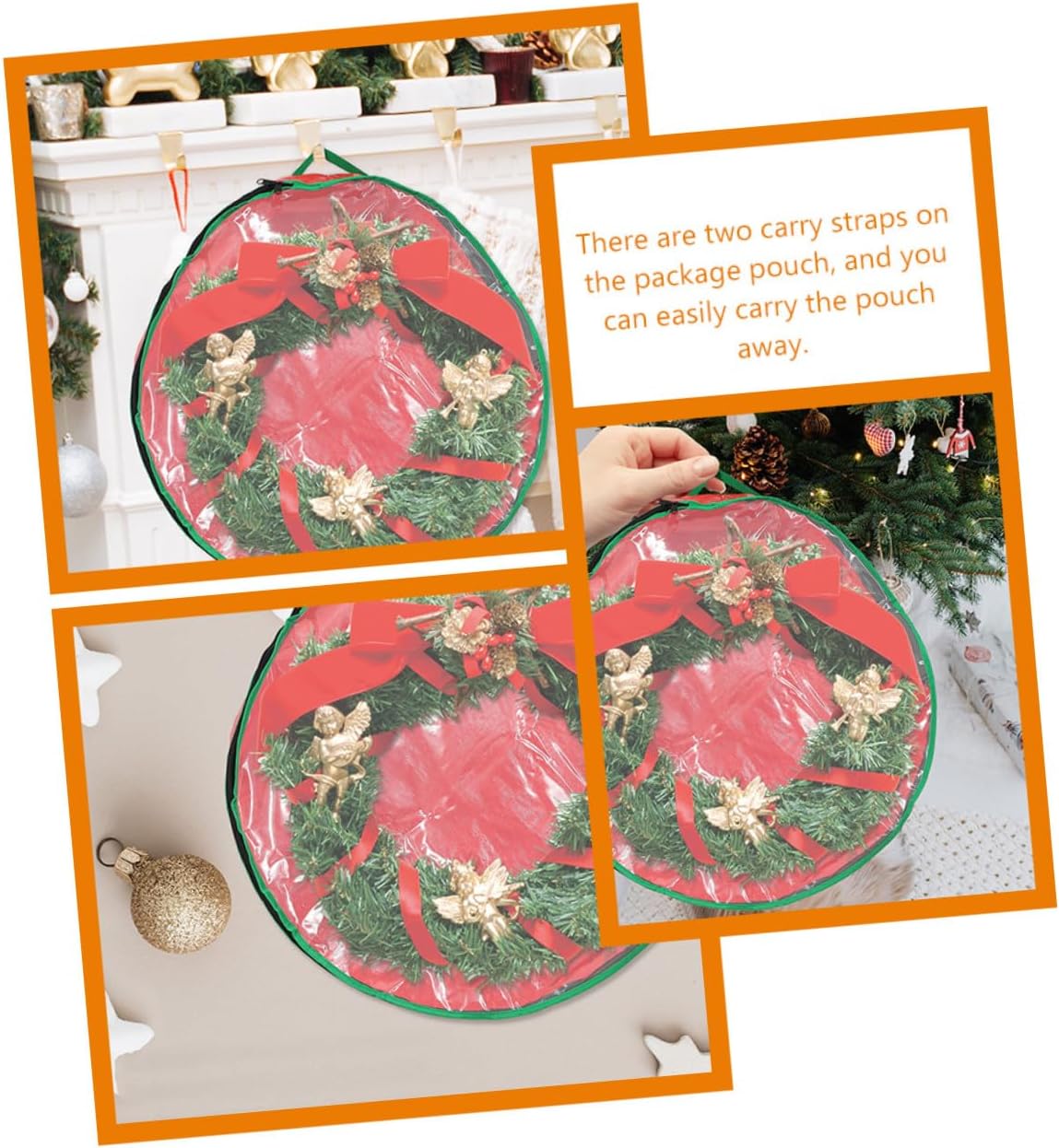 4pcs Large-Capacity Christmas Wreath Storage Bag with Clear Window Xmas Garland Organizer Red Holder for Holiday Decoration Protection and Easy Carry