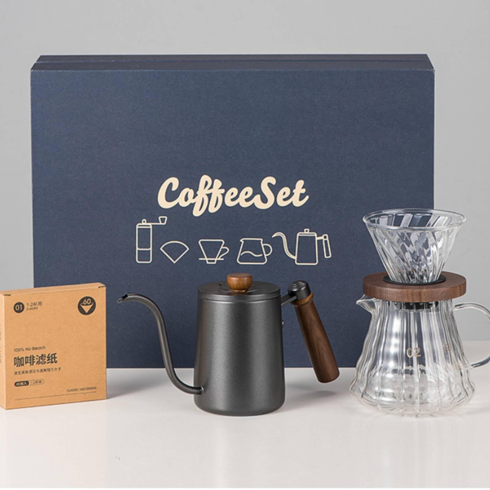 Kaffee Brühset Kaffeezubereiter Pour Over Handfilter Kaffeekessel Glaskaraffe Papierfilter mit Transparenter Karaffe Und, Schwarz, 4-Teiliges Kaffee-Geschenkset Bambus-Holzfiltertasse