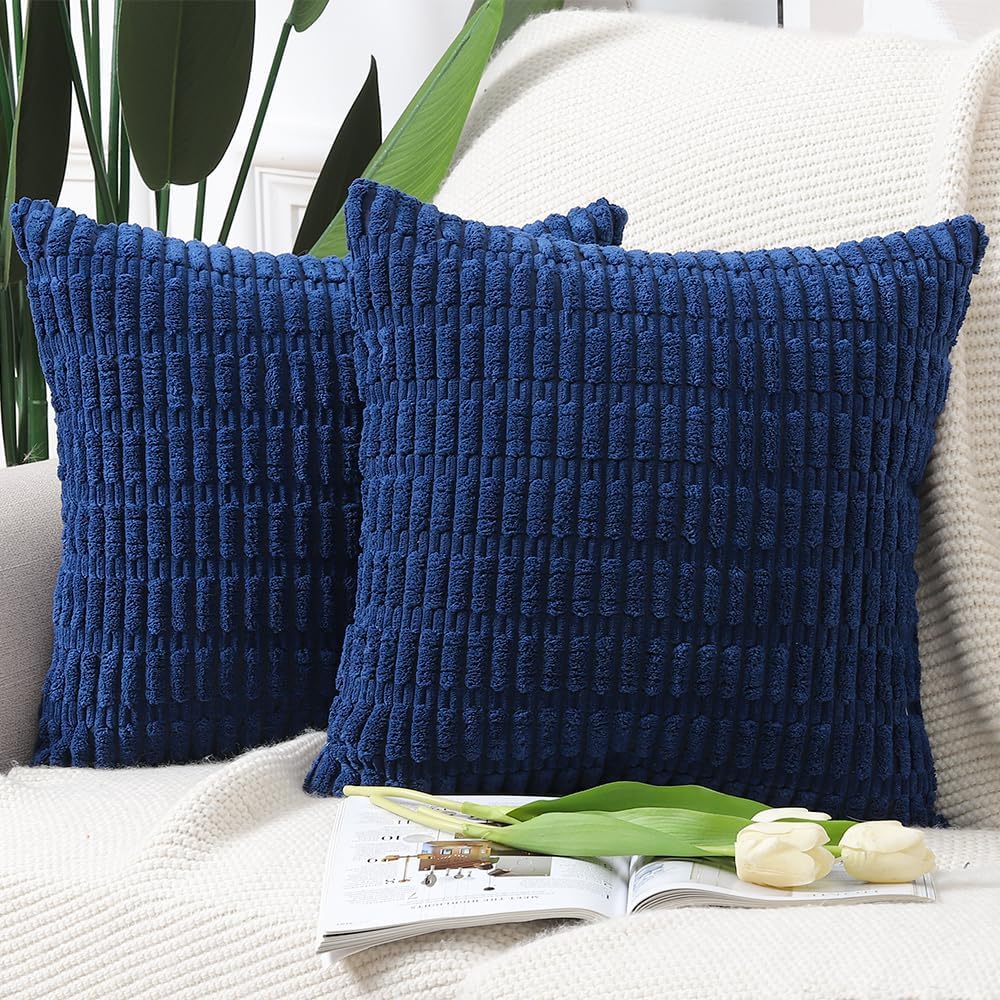 MADIZZ Pack of 2 Boho Striped Corduroy Throw Pillow Covers 26x26 Inch Dark Blue Soft Decorative Cushion Cover for Sofa Bedroom Pillow Shell
