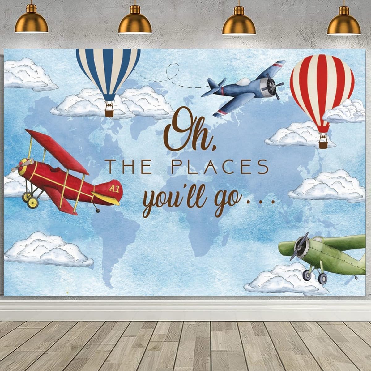 Oh The Places You'll Go Adventure Begin Photography Background Travel Themed Let The Adventure Begin Airplane Hot Air Balloon Around The World Map Newborn Birthday Shower Party Decoration (7X5FT)
