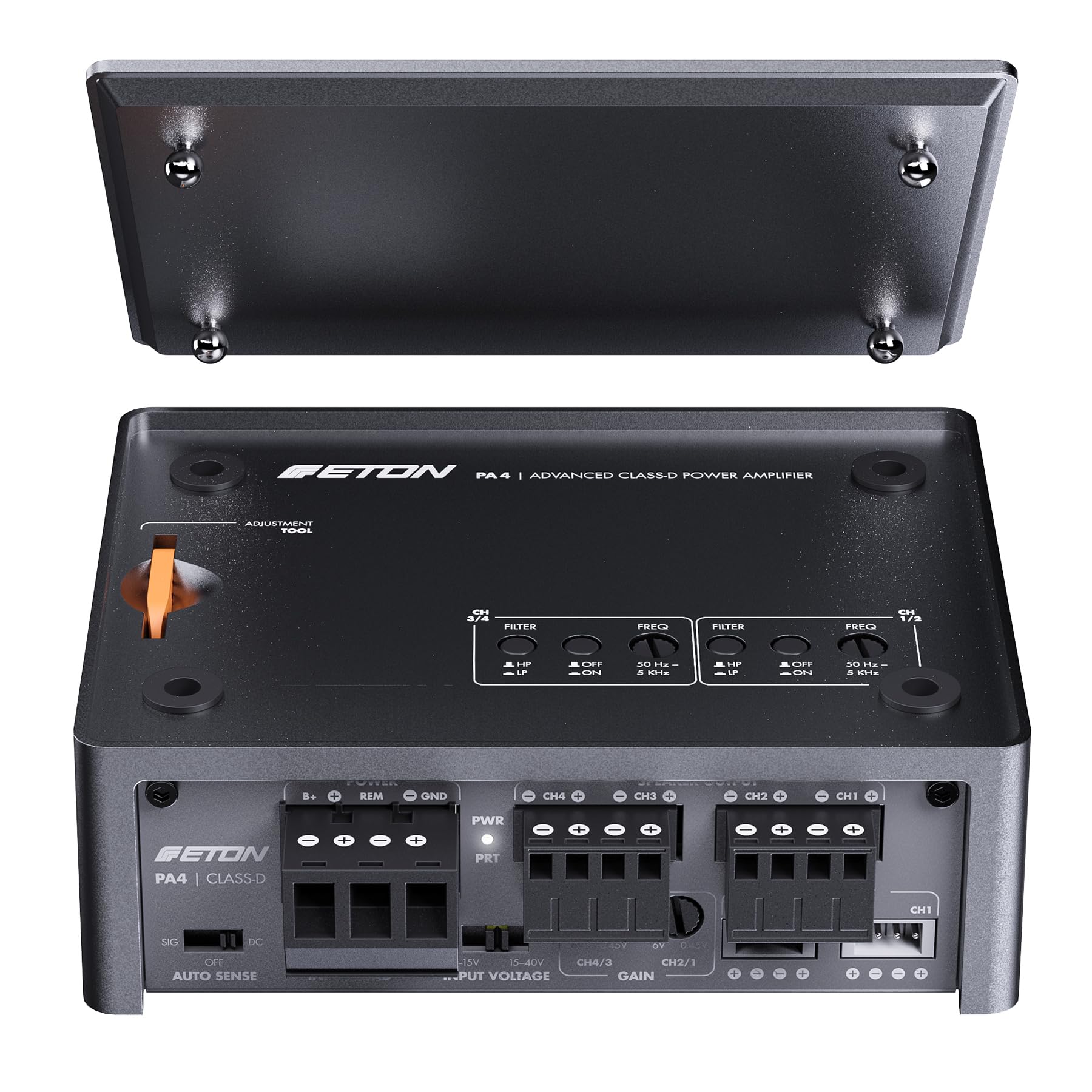 ETON PA 4 – ultra kompakter 4 Kanal Verstärker, leistungsstarke digitale Micro Endstufe für Autos und Reisemobile, Class D Amp mit 2 x 45 + 2 x 80 Watt