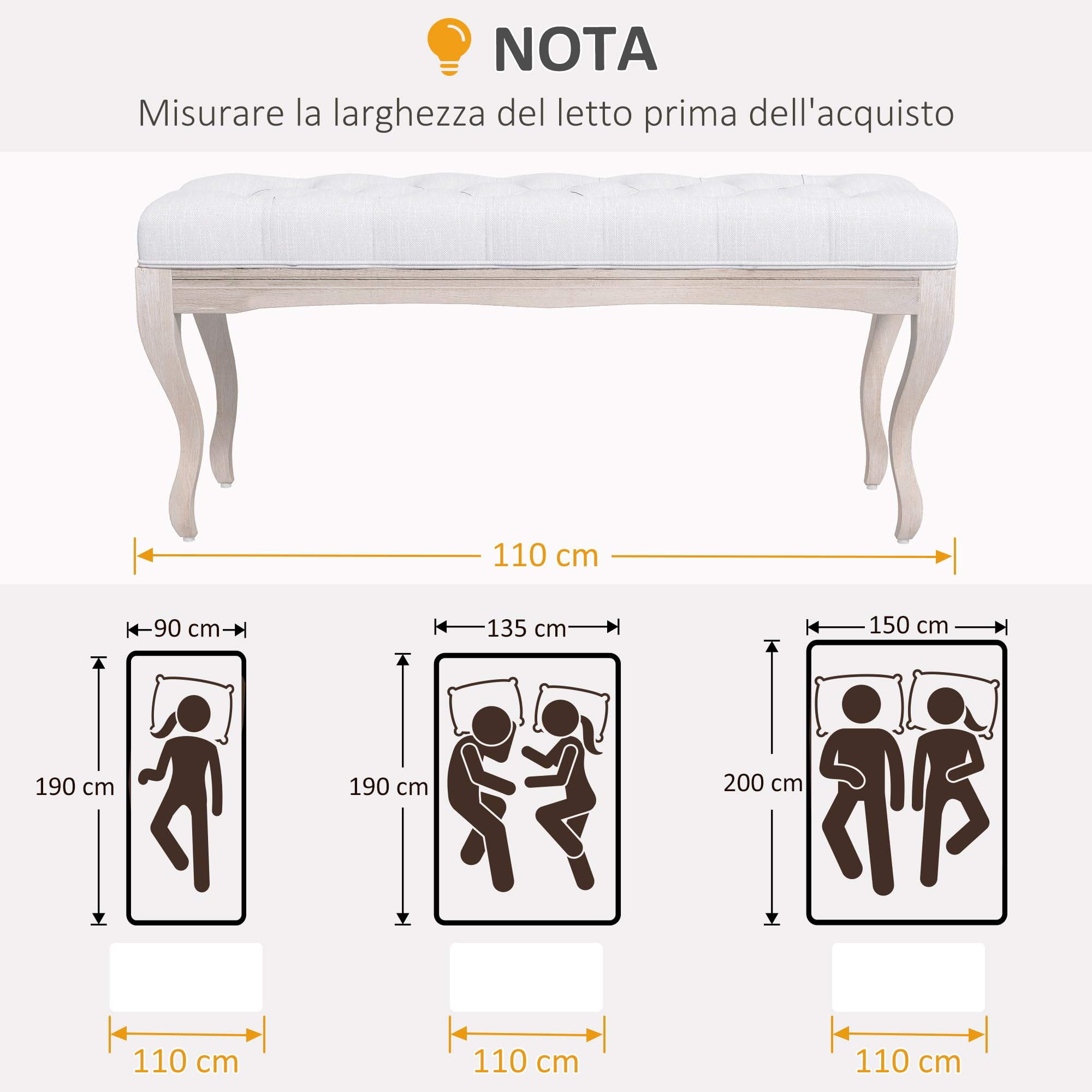 HOMCOM Taburete Pie de Cama Banco para Pie de Cama con Pies de Madera y Asiento Acolchado Carga 120 kg Banqueta de Dormitorio para Entrada Pasillo 110x37x49 cm Crema