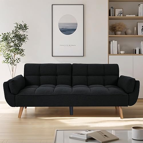 Miniatura 10 de Sofá cama futón convertible, sofá futón moderno de lino de 75 pulgadas con respaldo ajustable, sofá cama de fácil montaje, sofá reclinable tapizado