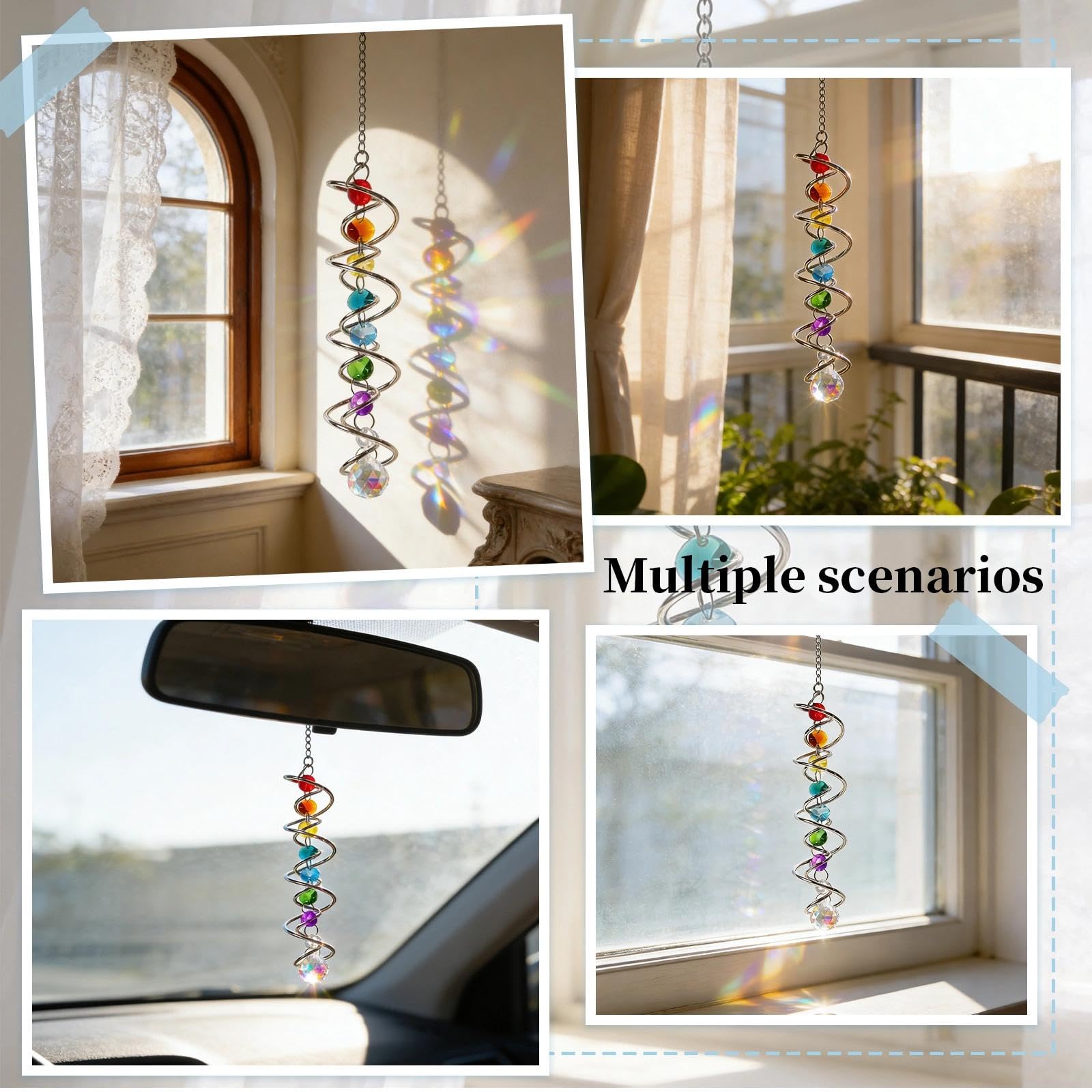 Atrapasoles Cristal con Doble Espiral, Atrapasol Suncatcher Colgante Campana de Viento Decorativa con Siete Perlas de Chakra y Bola de Cristal para Ventana Jardín Boda 45 CM