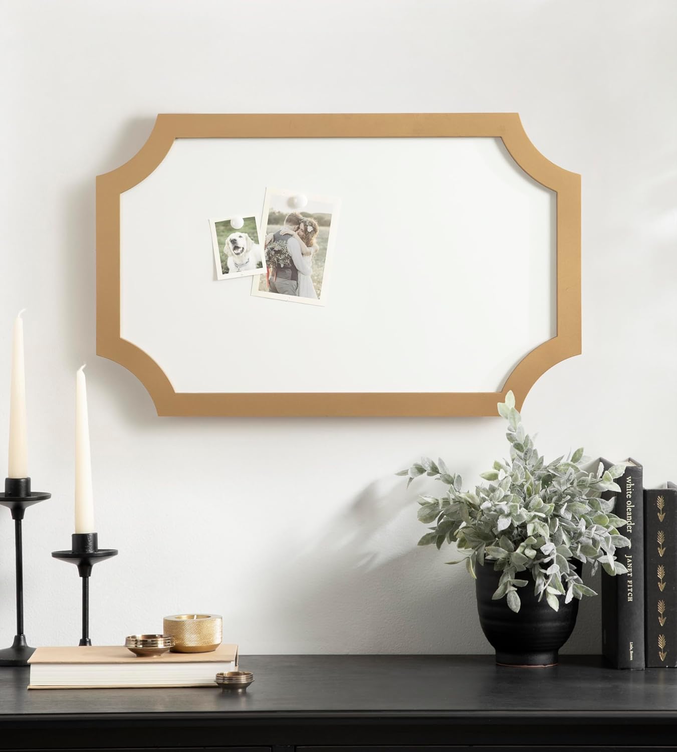 Kate and Laurel Holbrook Scalloped Magnetic Dry Erase Board with Marker and Four Magnets; 15 x 24; Gold; Decorative Wall Organization White Board for Use as Bedroom or Dorm Room Decor