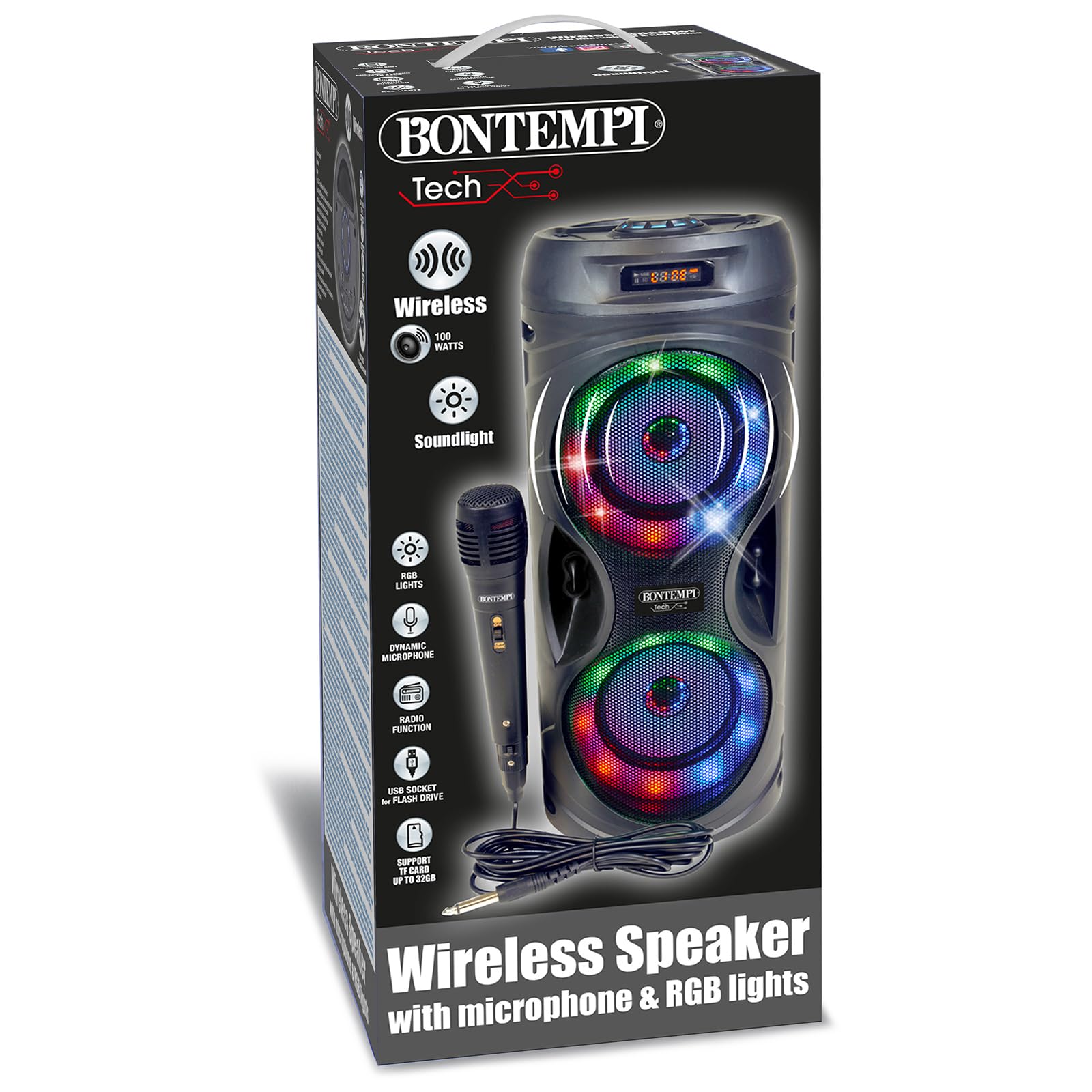 Bontempi | SonicSync - Amplificatore Wireless Karaoke con Microfono Dinamico, Effetti Luminosi, Regolatore Alti e Bassi, TWS ed Effetto Eco, 41,4x18,8x18,8 cm