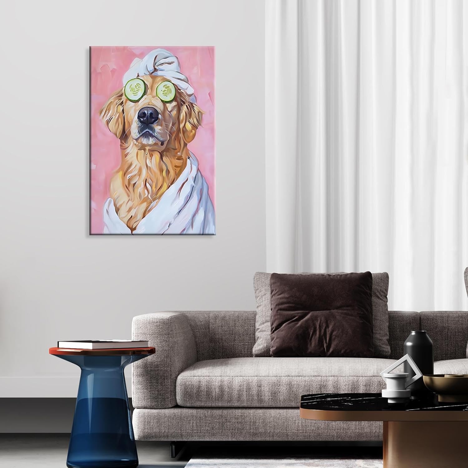 Funny Bathroom Canvas Wall Art Relaxing Golden Retriever Spa Posters Whimsical Dog Grooming Impressionistic Painting Cute Animal Aesthetic Wall Decor For Home Restroom 16x24in Framed