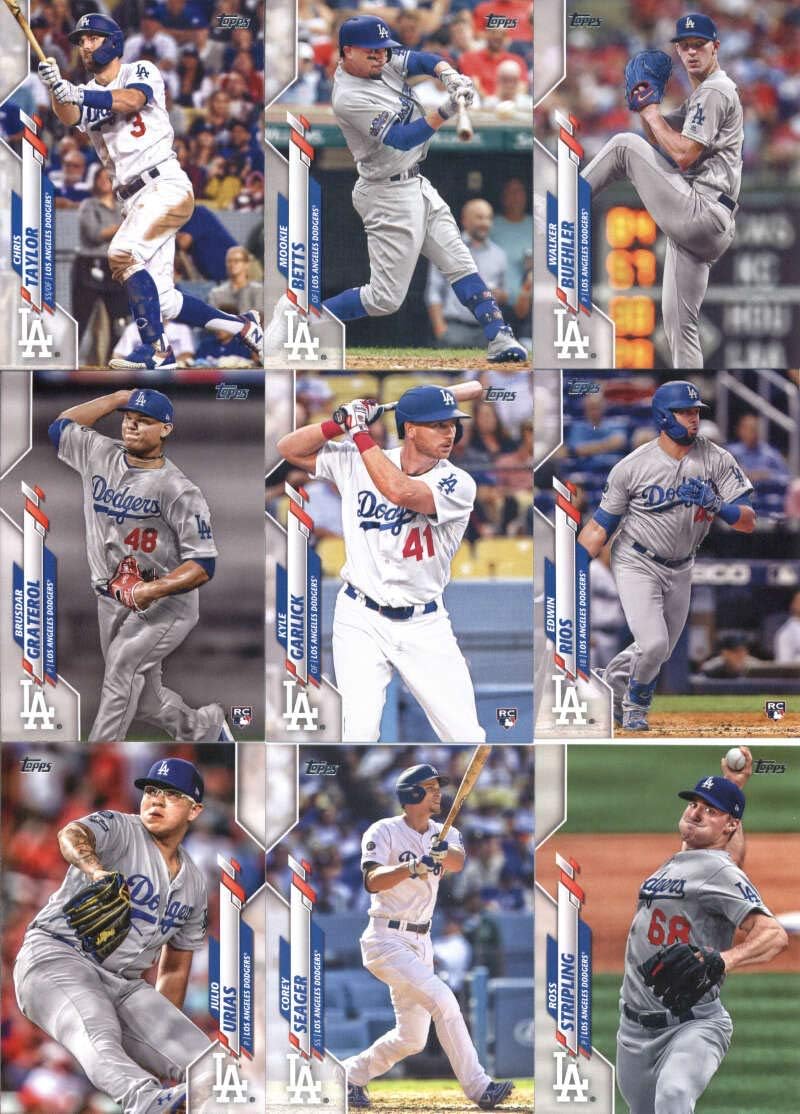 2020 Topps Complete (Series 1 & 2) Los Angeles Dodgers Team Set of 29 Cards: Kenley Jansen(#24), Cody Bellinger(#50), Austin Barnes(#80), Hyun-Jin Ryu(#86), Clayton Kershaw(#118), Kenta Maeda(#120), Enrique Hernandez(#135), Alex Verdugo(#174), Joc Pederson(#203), Dustin May(#235), Los Angeles Dodgers(#245), Max Muncy(#255), Tony Gonsolin(#280), Gavin Lux(#292), Big Air Big Hair(#298), Justin Turner(#316), Tyler White(#323), Kyle Garlick(#381), plus more