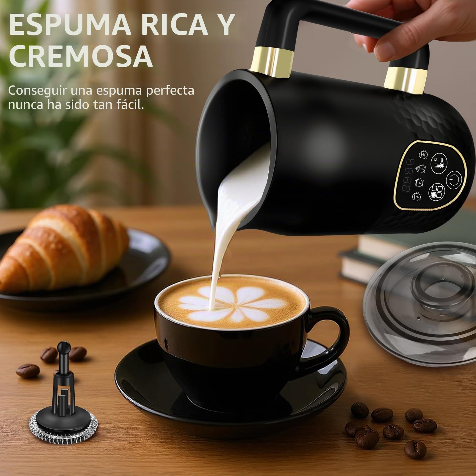 Espumador de leche eléctrico - Espumador de leche 4 en 1 para chocolate caliente con control de temperatura, espumador de leche automático para espuma caliente y fría con 2 batidores para capuchino