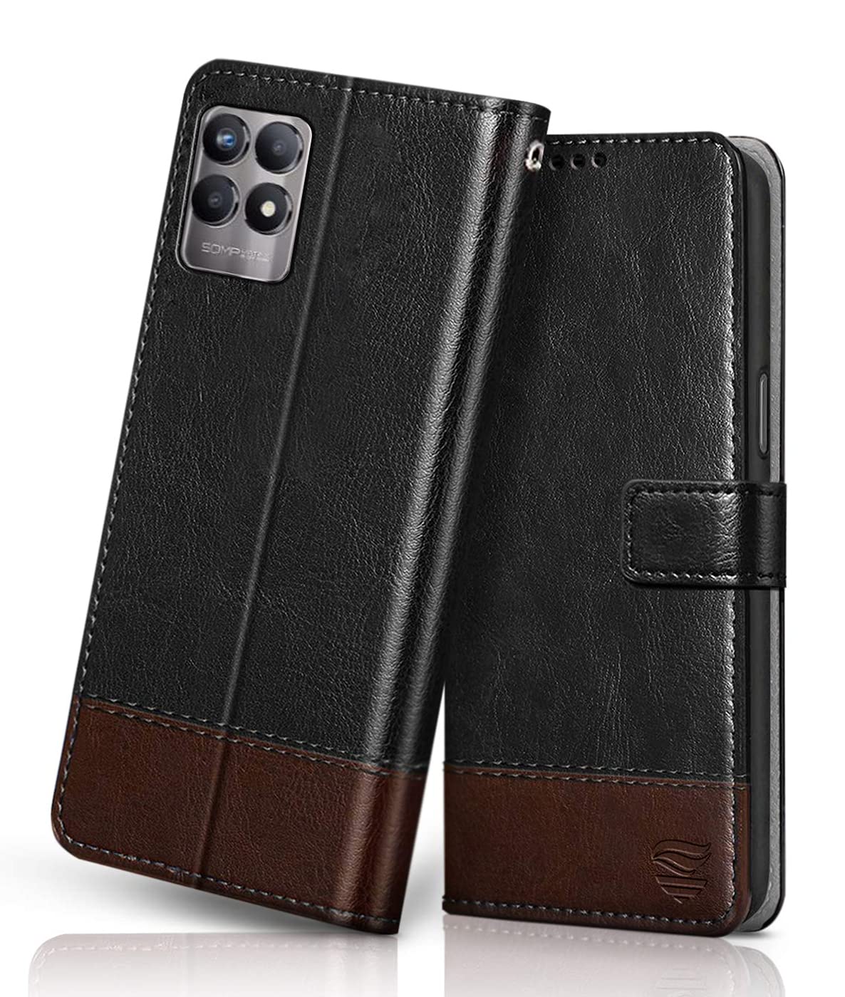 FLIPPED Vegan Leather Flip Case Back Cover for Realme Narzo 50 | Realme 8i (Flexible, Shock Proof | Hand Stitched Leather Finish | Card Pockets Wallet & Stand |Black with Brown) (B09FXSJLSS) Amazon Price History, Amazon Price Tracker