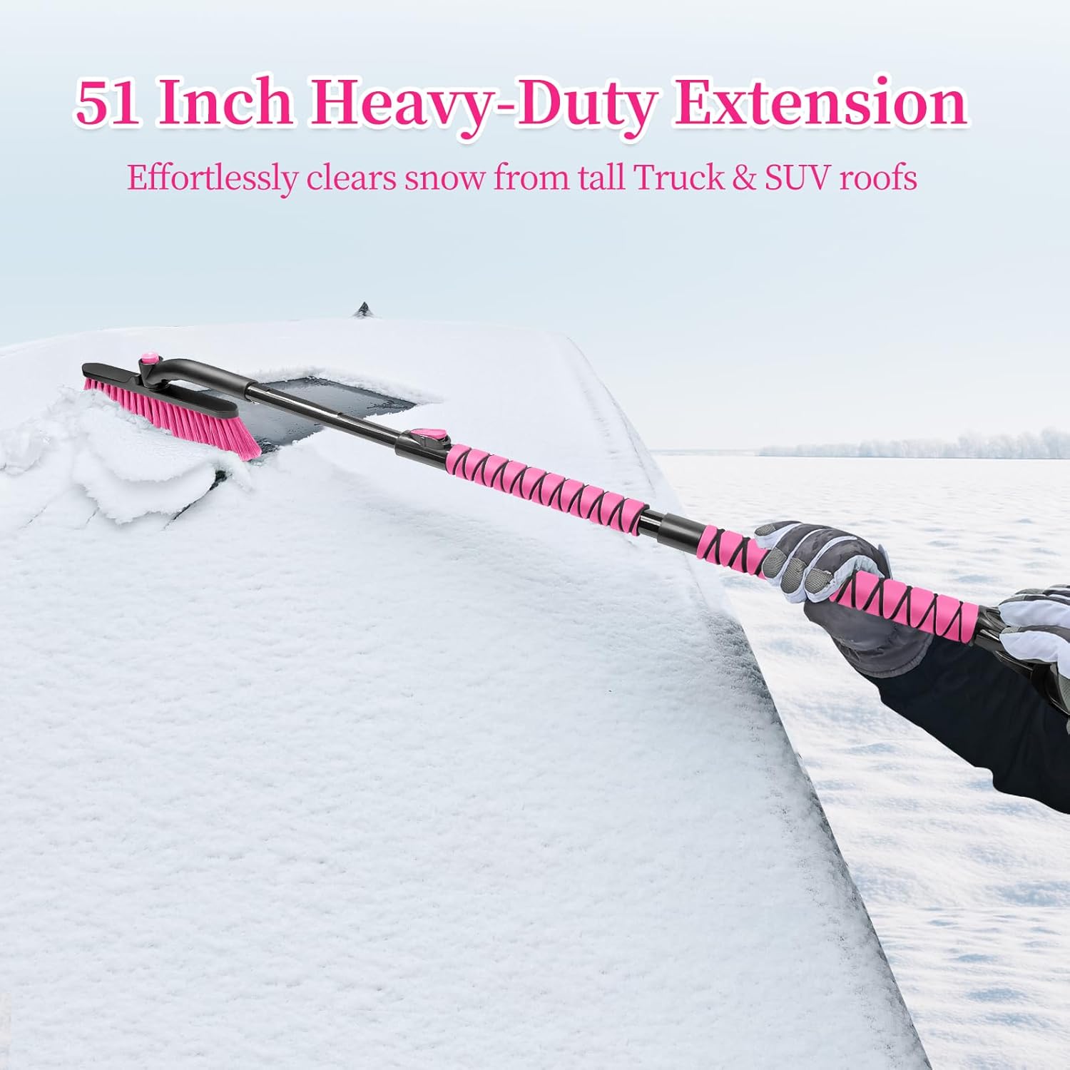 HEEYA 51 Inch Snow Brush for Trucks, Extendable Long Handle Ice Scraper with Brush with Foam Grip, SUV Heavy Duty Snow Brush with Ice Scraper for Car Auto Jeep RV Vehicle Windshield Window - Pink