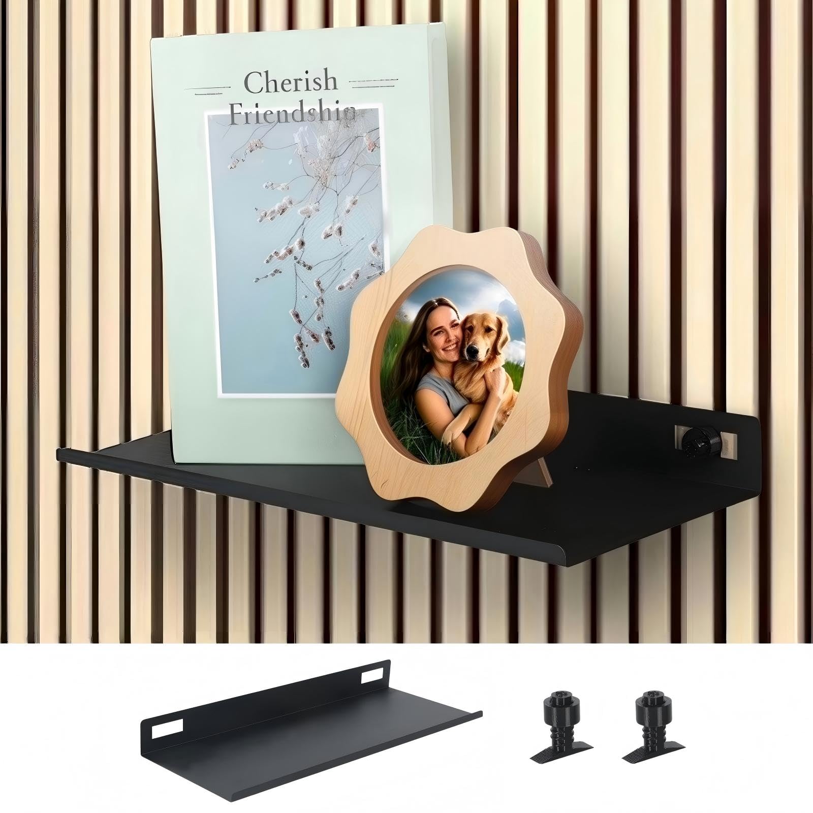 BTSAE Floating Shelf for Acoustic Panel, Black Floating Shelves No Drilling, Metal Wall Shelves for Bedroom, No Drill Acoustic Wall Panel Shelf, Acoustic Panel Accessories (No-drill Black, 25×10cm)