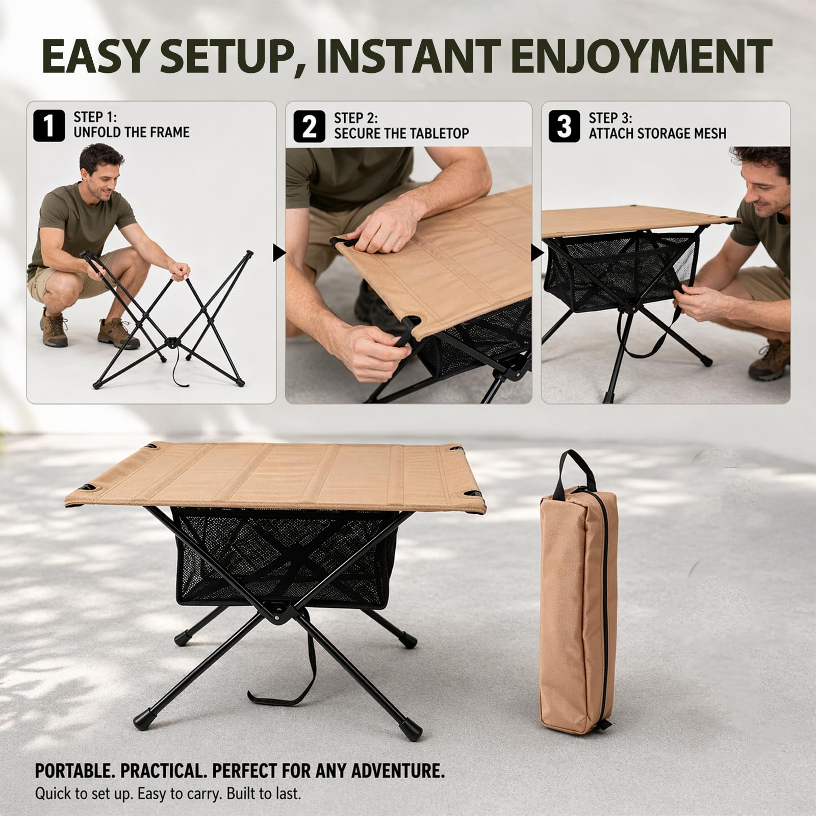 Mesa de Camping Plegable, pequeña Mesa Plegable, Bolsa de Transporte y Bolsa de Malla, Mesa de Exterior, Ultraligera, portátil, Mesa Plegable, Capacidad de Carga de hasta 30 kg, para Exteriores