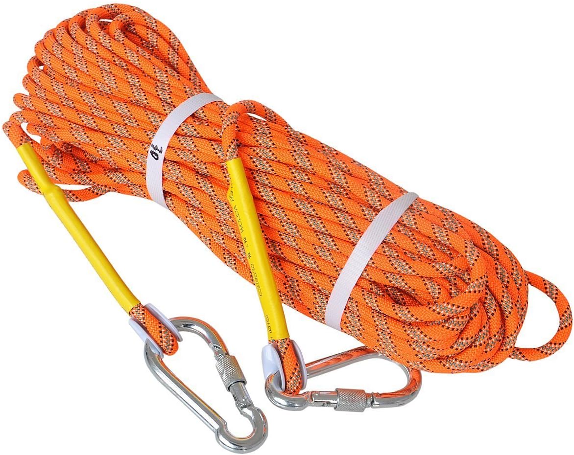 Camping Safety Rope with 2 Carabiner Hooks 10 m (32 ft) 20 m (64 ft) 30 m (98 ft) Safe Rope, Fire Rope, Tow Rope, Static Rope, 8 mm Diameter Rope, Orange, 30m
