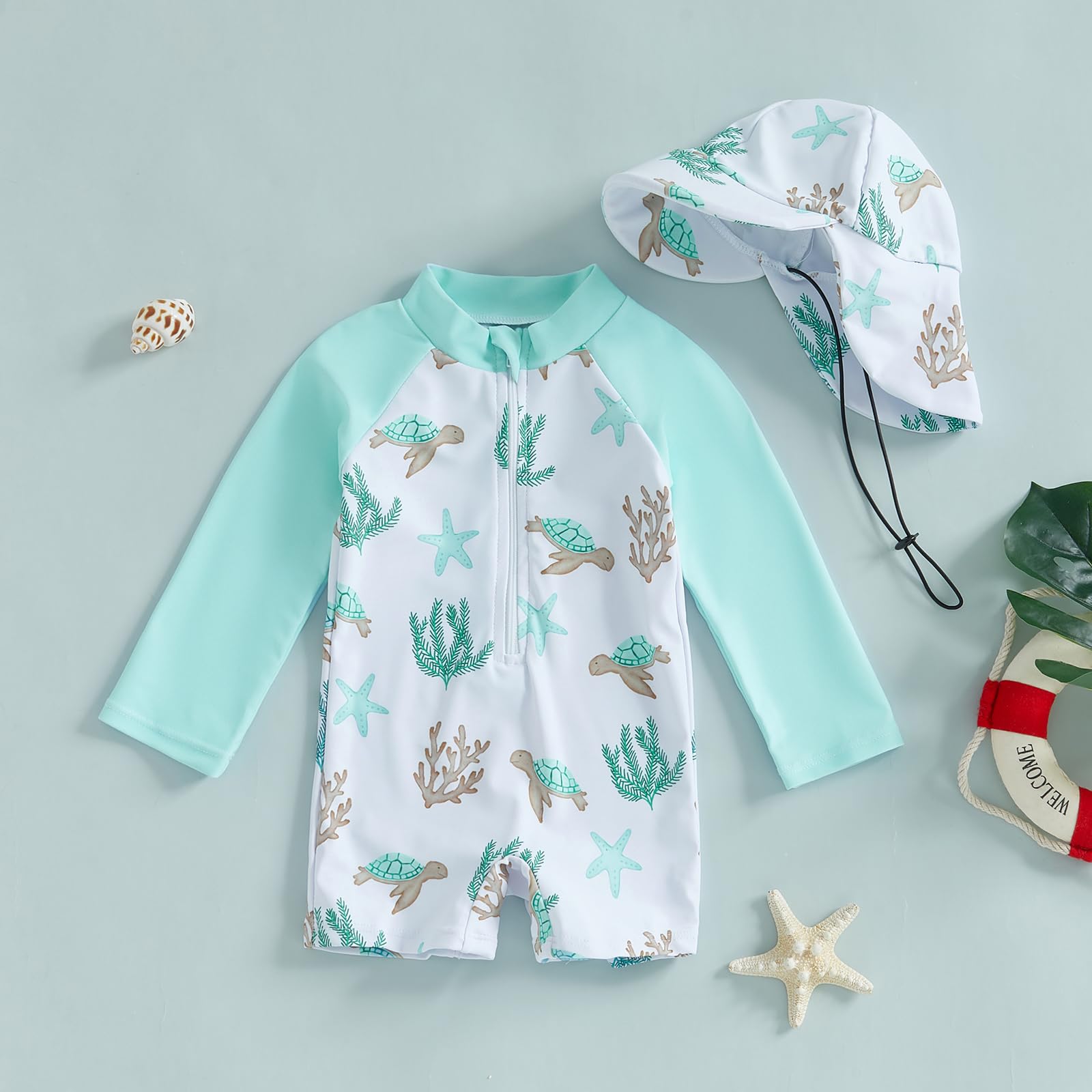 Baby Boys' Swimwear Newborn Swimsuit Boy Casual Zipper One Pieces Rash Guard Swimsuit+Hat Beachwear Bathing Suit (Ivory, 3-6 Months)