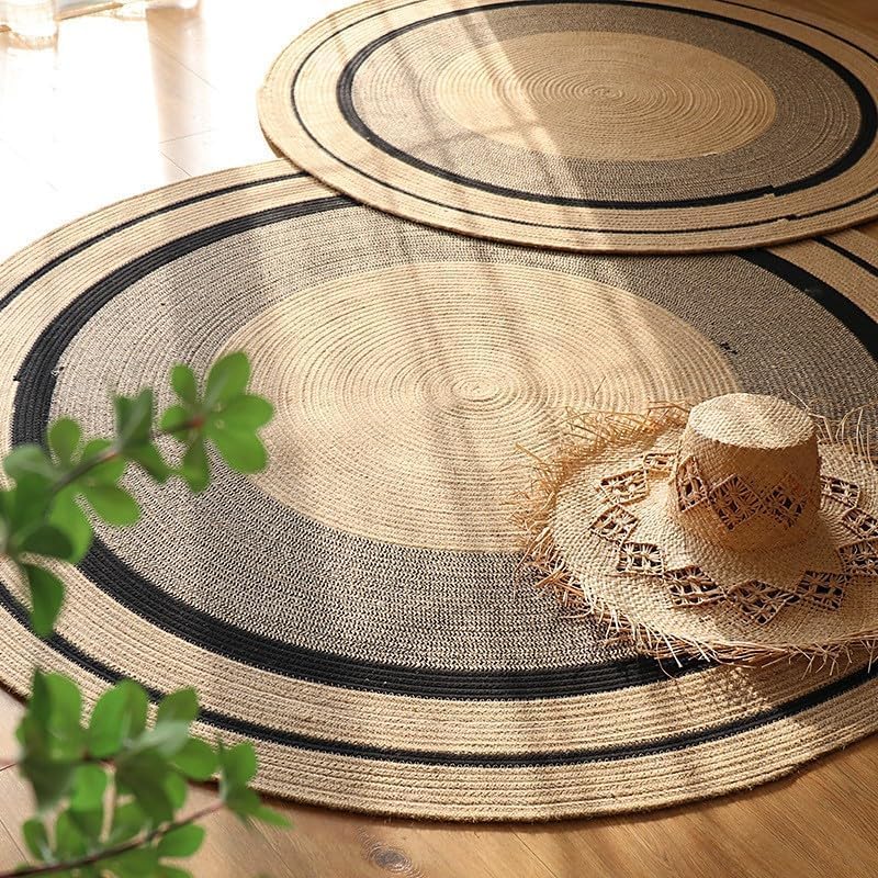 Image of Cotton Round Carpet 4x4 feet - Handmade Braided Boho Rug for Living Room, Bedroom & Balcony - Soft Washable Floor Mat, Color -Beige Black