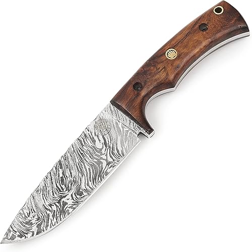 Miniatura 9 de BIGCAT ROAR Cuchillo de caza de Damasco hecho a mano, cuchillo de caza de hoja fija de espiga completa con funda y mango de madera de nogal,