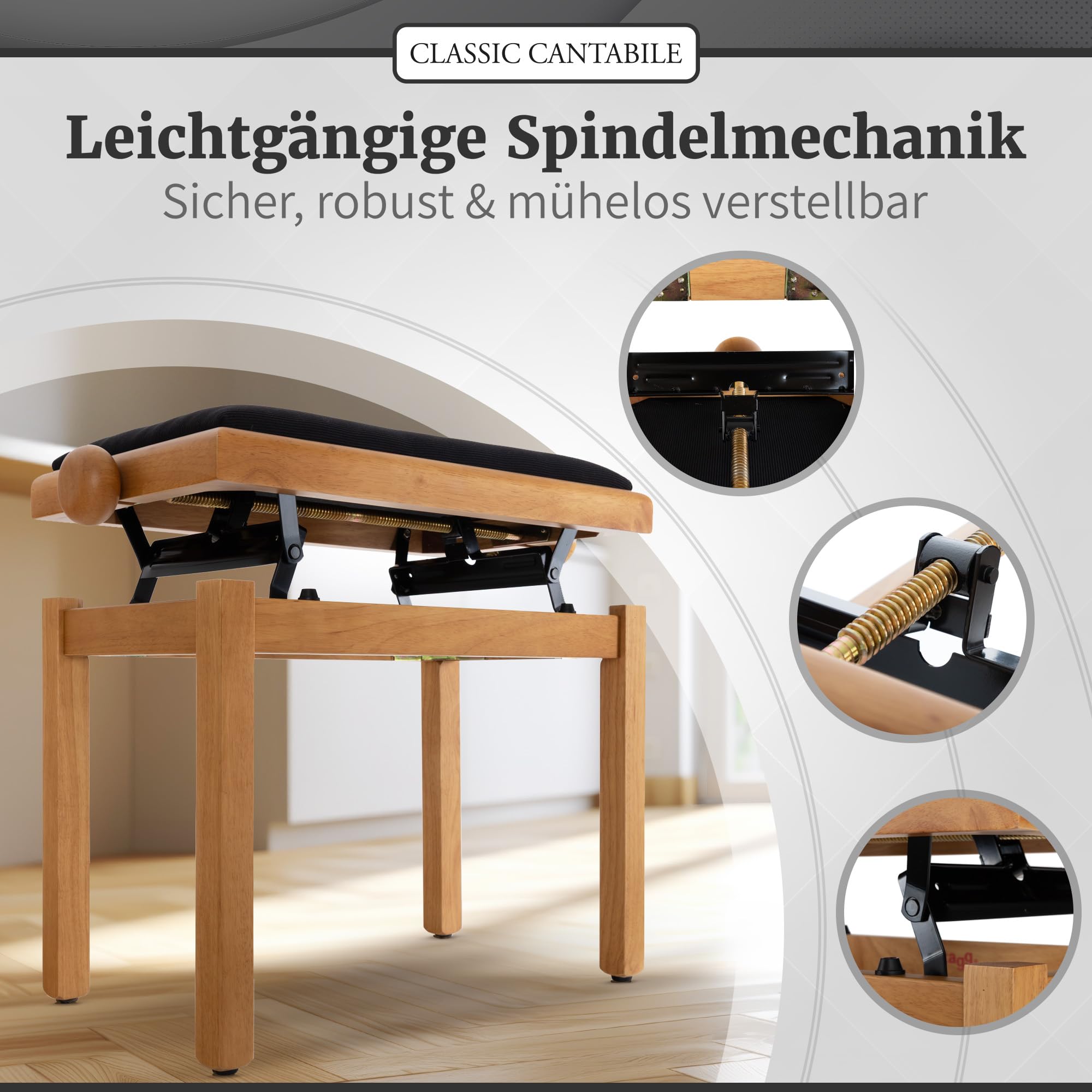 Classic Cantabile Pianobank Eiche-matt (Höhenverstellbar von 47-56cm, Spindelmechanik, Sitzfläche 55 x 32cm, schwarzer Velourbezug, stabil)