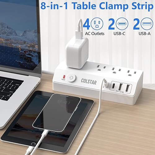 Miniatura 2 de Regleta de alimentación con abrazadera de escritorio 4 salidas de CA, 2 USB-A, USB-C PD 20W, cable de extensión de 10 pies, se sujeta de forma