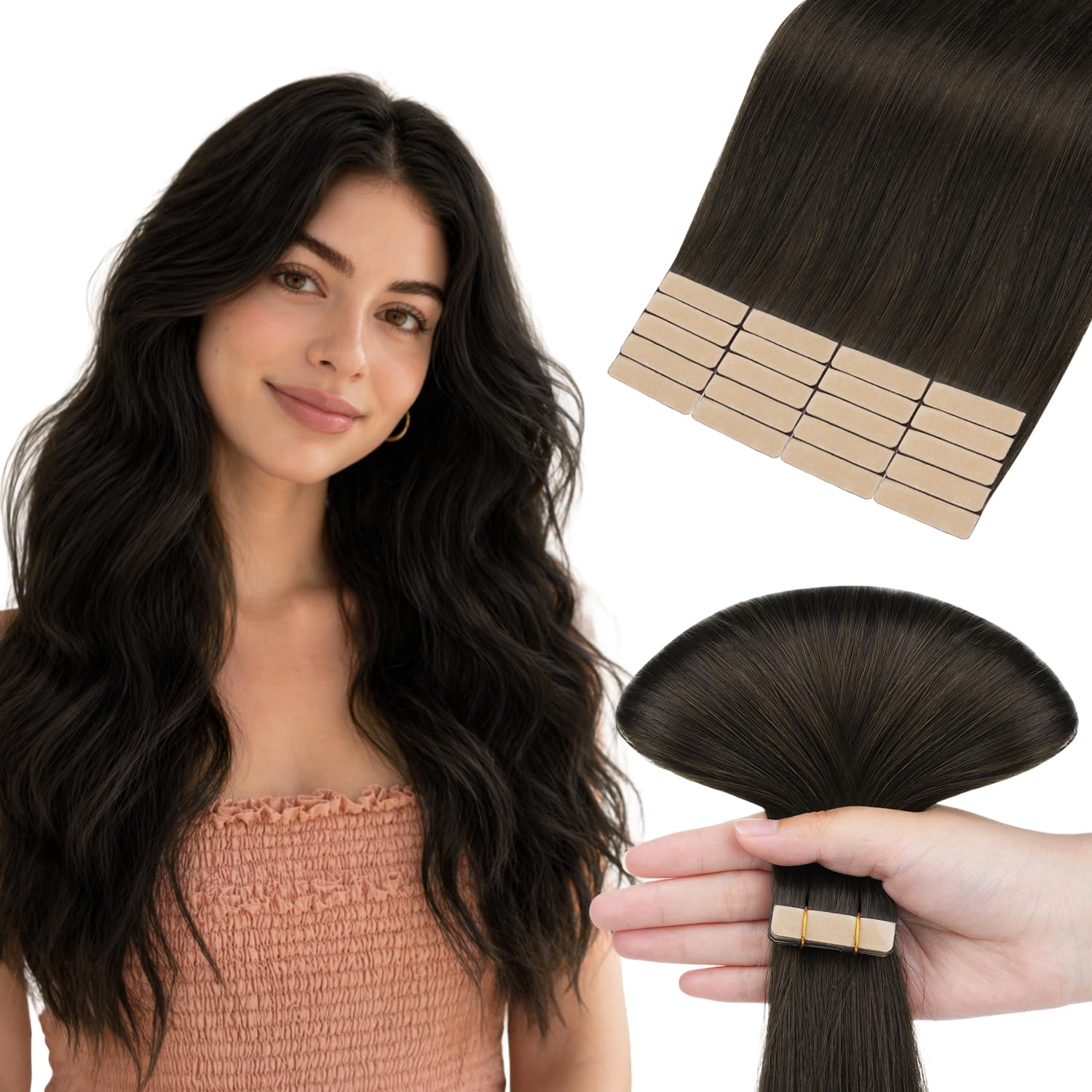 HOTBANANA Extension Capelli Veri Biadesivo, Marrone Scuro Extension Biadesive Capelli Veri Lisci 40cm 20pcs Remy Tape in Hair Extensions 50g