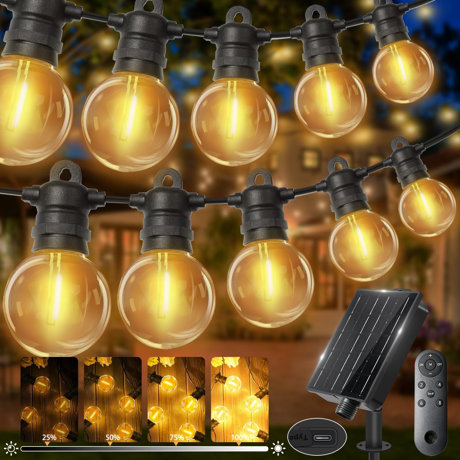 Bzavor LED Lichterkette Außen Solar, 15M 25+2 G40 Gluhbirnen Solar Lichterkette Outdoor mit Fernbedienung，8 Modi solarlichterkette außen wetterfes für Garten Terrasse Hochzeiten Partys