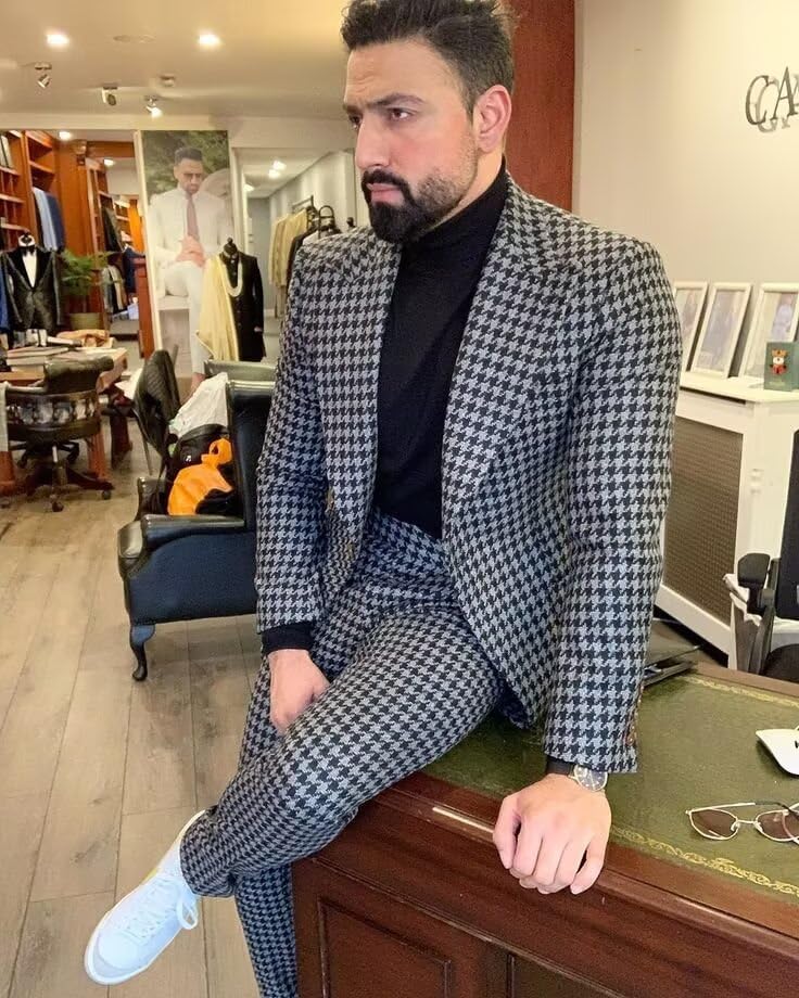 Men's Houndstooth Dogstooth 2 Pieces Suit Tweed Plaid Slim Fit Tuxedos Set Work Wedding Business Jacket Blazer Pants2