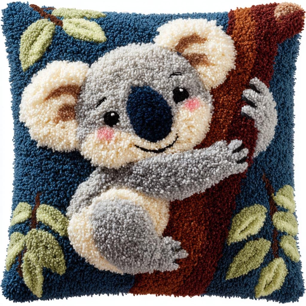 Taxpy Latch Hook Kits, Koala Pillow Cover DIY Crochet Hook Cushion Rug Making Kits with Printed Pattern Canvas Needlework Hooking Adorment 43x43cm