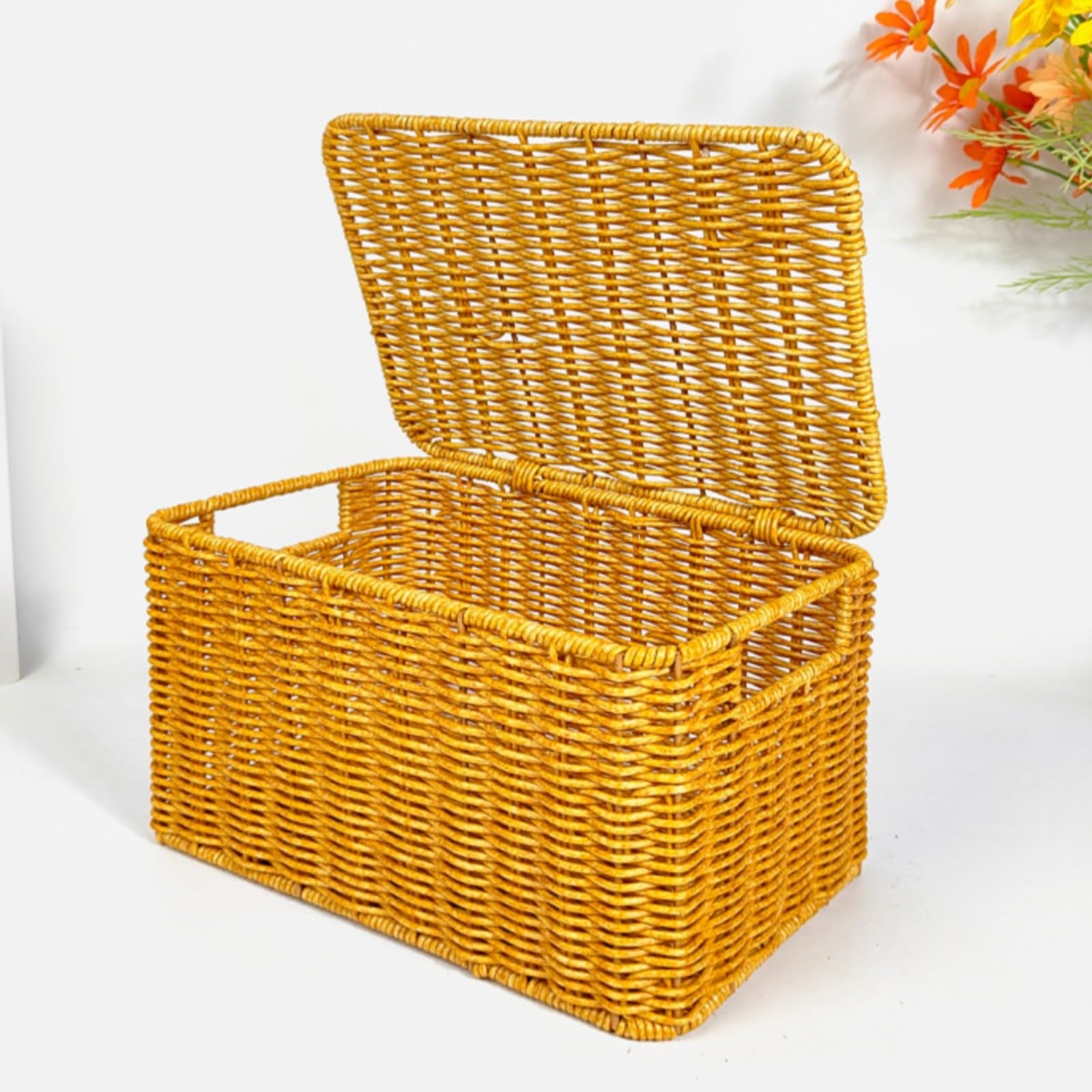 Milageto Cesta Intrecciato con Due Manici Intrecciato, Cesto Portaoggetti con Coperchio, Naturale, Scatola Coperchio, per Armadio, L