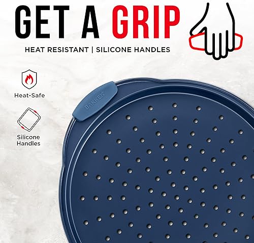 Miniatura 4 de Bakken - Molde para hornear pizza, redonda perforada de acero al carbono con revestimiento de mármol antiadherente, mango de silicona de gran