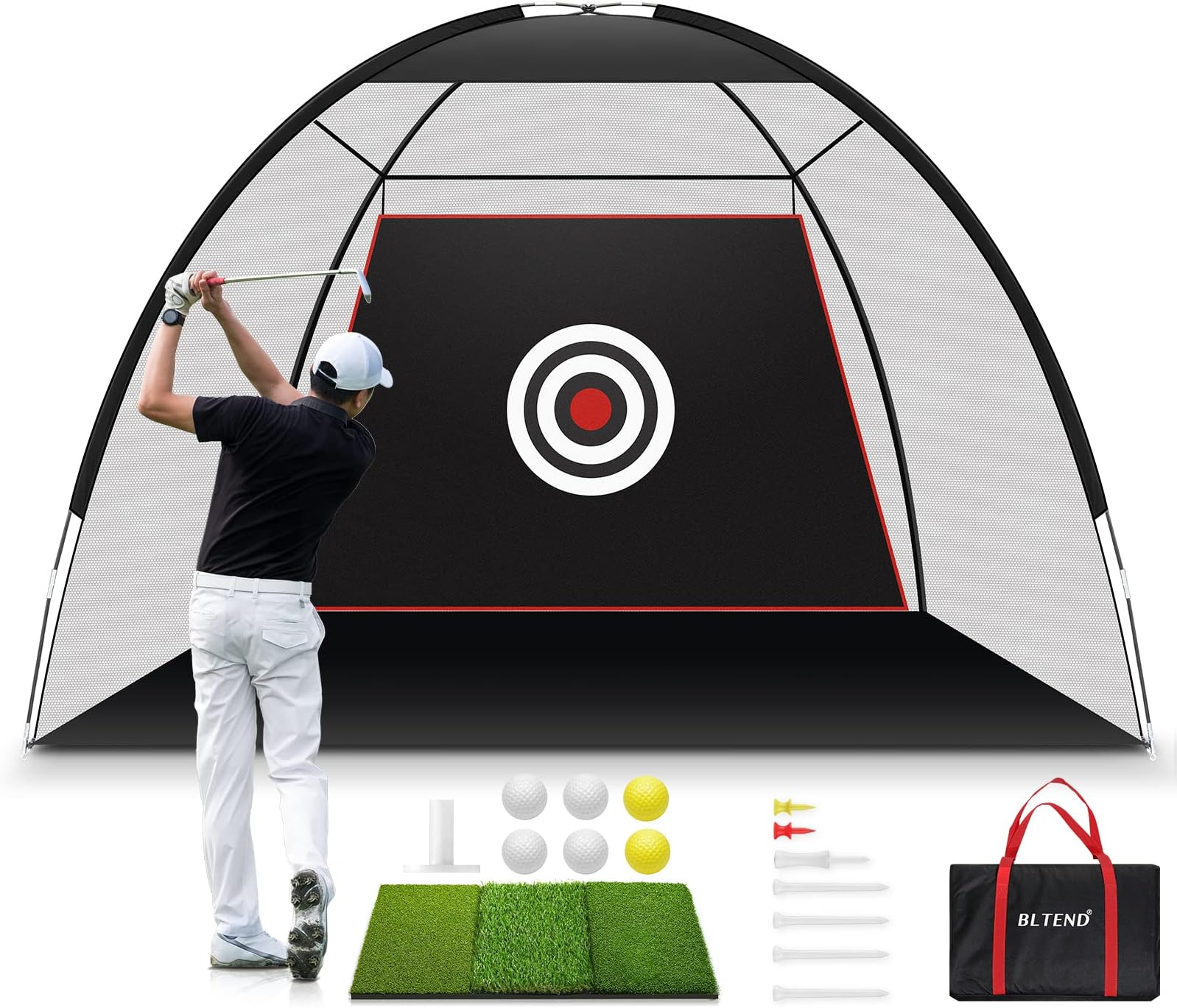Bltend Golf Net, 10x7ft 7-in-1 Golf Practice Net with Tri-Turf XL Golf Mat, Target Cloth, 6 Golf Balls, 7 Golf Tees, Carry Bag, Golf Hitting Training Aids for Driving Chipping Backyard Indoor Outdoor