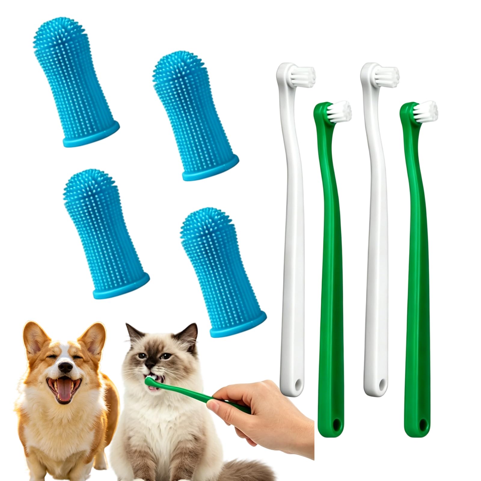 Cat Toothbrush Set with 4 Pcs Pet Toothbrushes and 4 Pcs Blue Finger Set Toothbrush, Gentle Cat Tooth Brush, Durable and Wear-Resistant Kitten Toothbrush, for Small to Large Dogs Cats