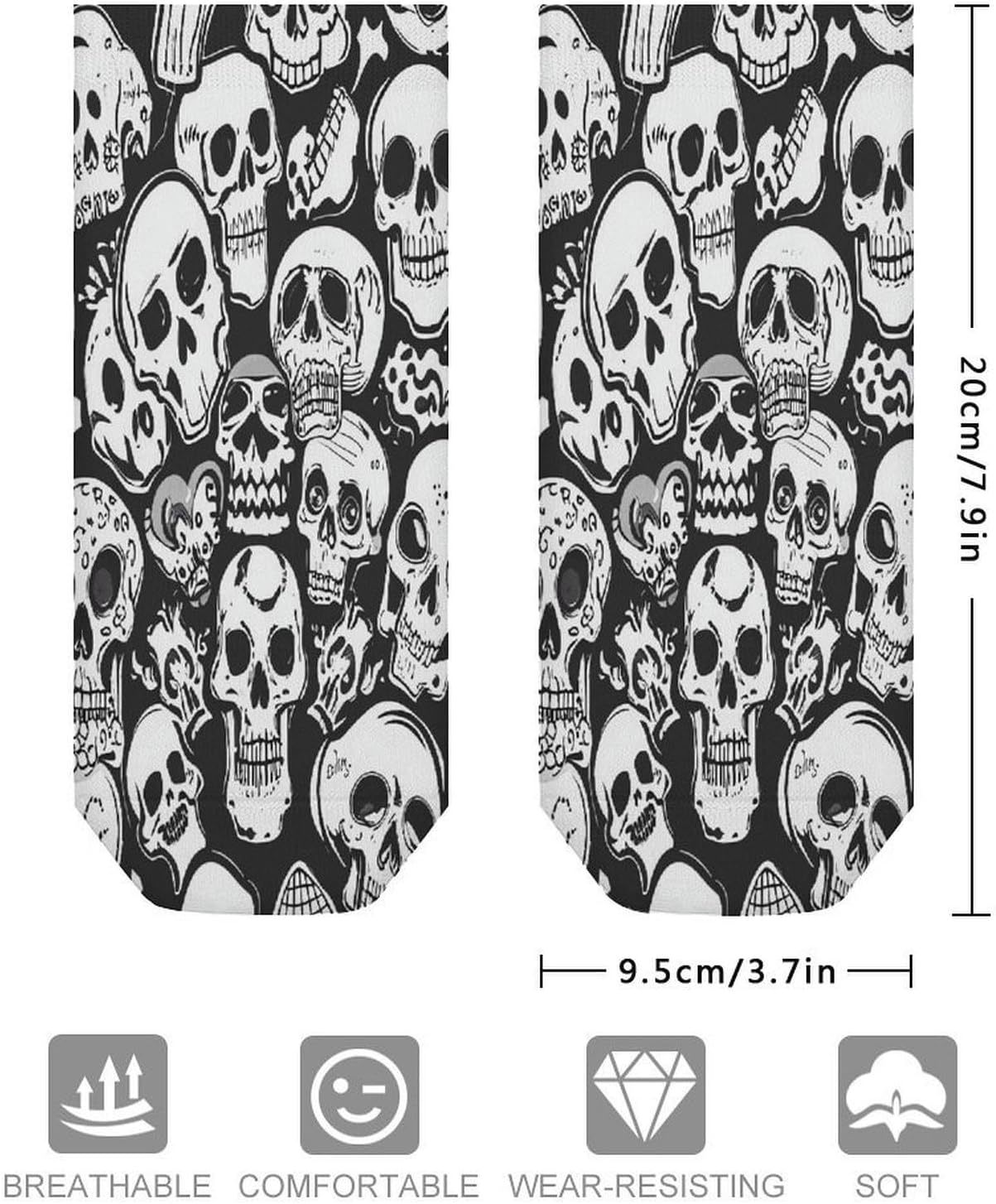 Black And White Skulls Ankle Sock-Low Cut Breathable,Basketball Socks for Men Women,Tube Socks for Work Sports