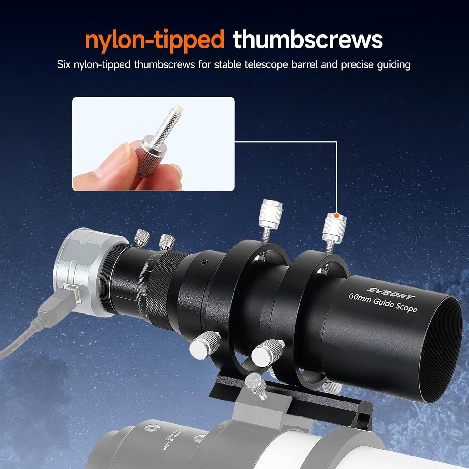 Nylon-tipped thumbscrews on the SVBONY SV106 guidescope for secure mounting and adjustment.