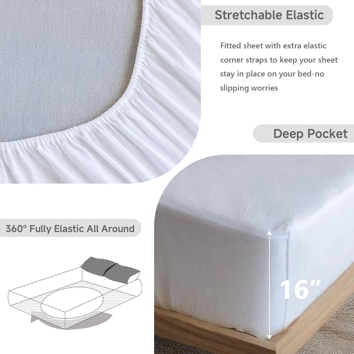 Flax Linen Fitted Sheet Queen Size, Easy Fit Linen-Cotton Blend Mattress Cover Breathable Soft Deep Pocket (Up to 16") Fitted Bed Sheets for Year-Round Comfort (60" X 80", White)