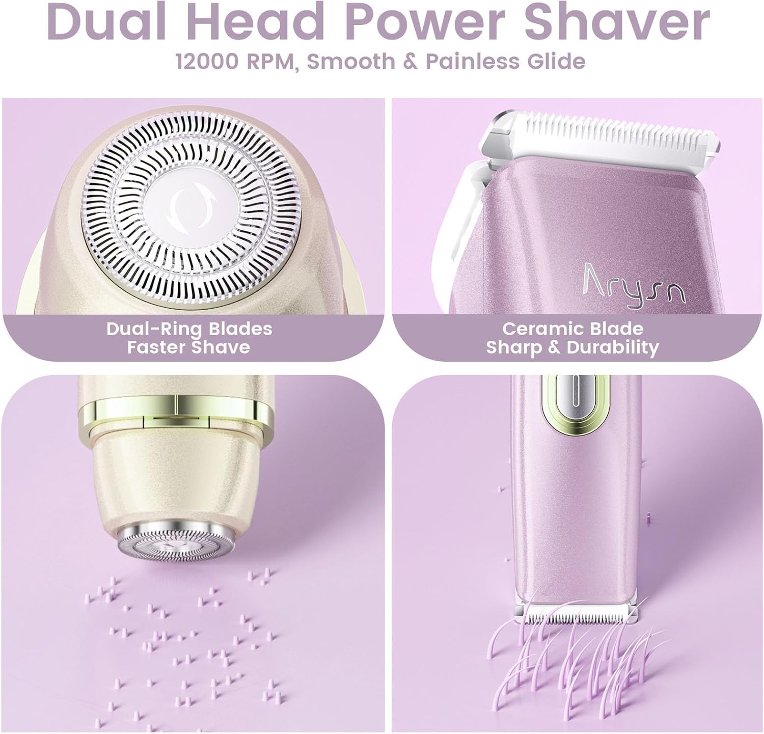 Bikini Trimmer for Women, 2 in 1 Dual Head Rechargeable Electric Shaver, Painless Pubic Hair Trimmer for Underarm Leg Arm Body Face– IPX7 Waterproof & Travel-Friendly, GoldPurple - Image 2