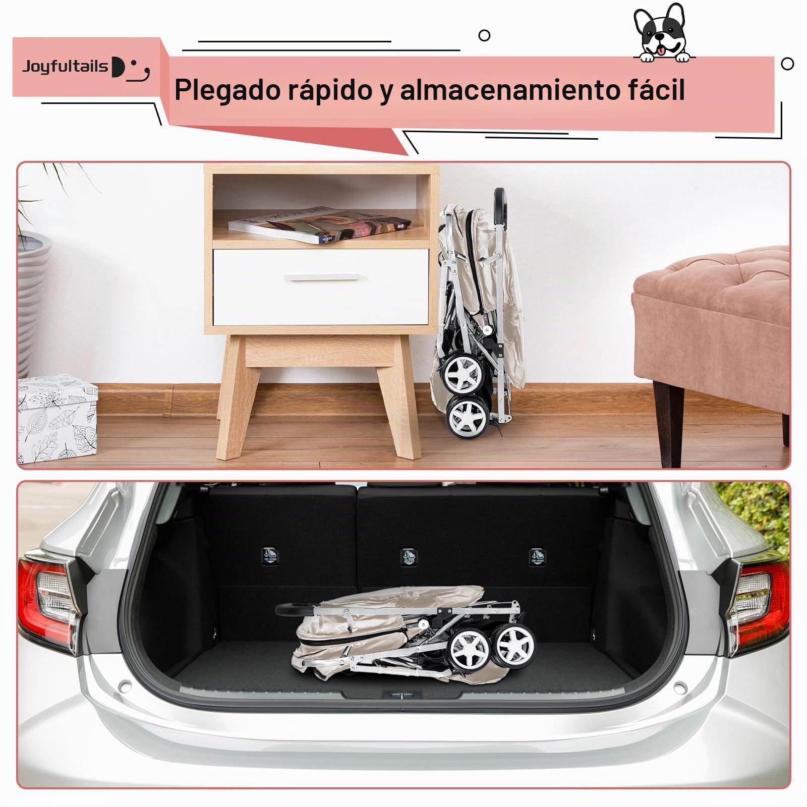 Carro para Perros Doble, Transportín para 2 Mascotas con Capacidad 20KG, Carrito Plegable con Ruedas y Cesta de Almacenamiento + Freno de Mano (Perros Medianos/Pequeños), Gris