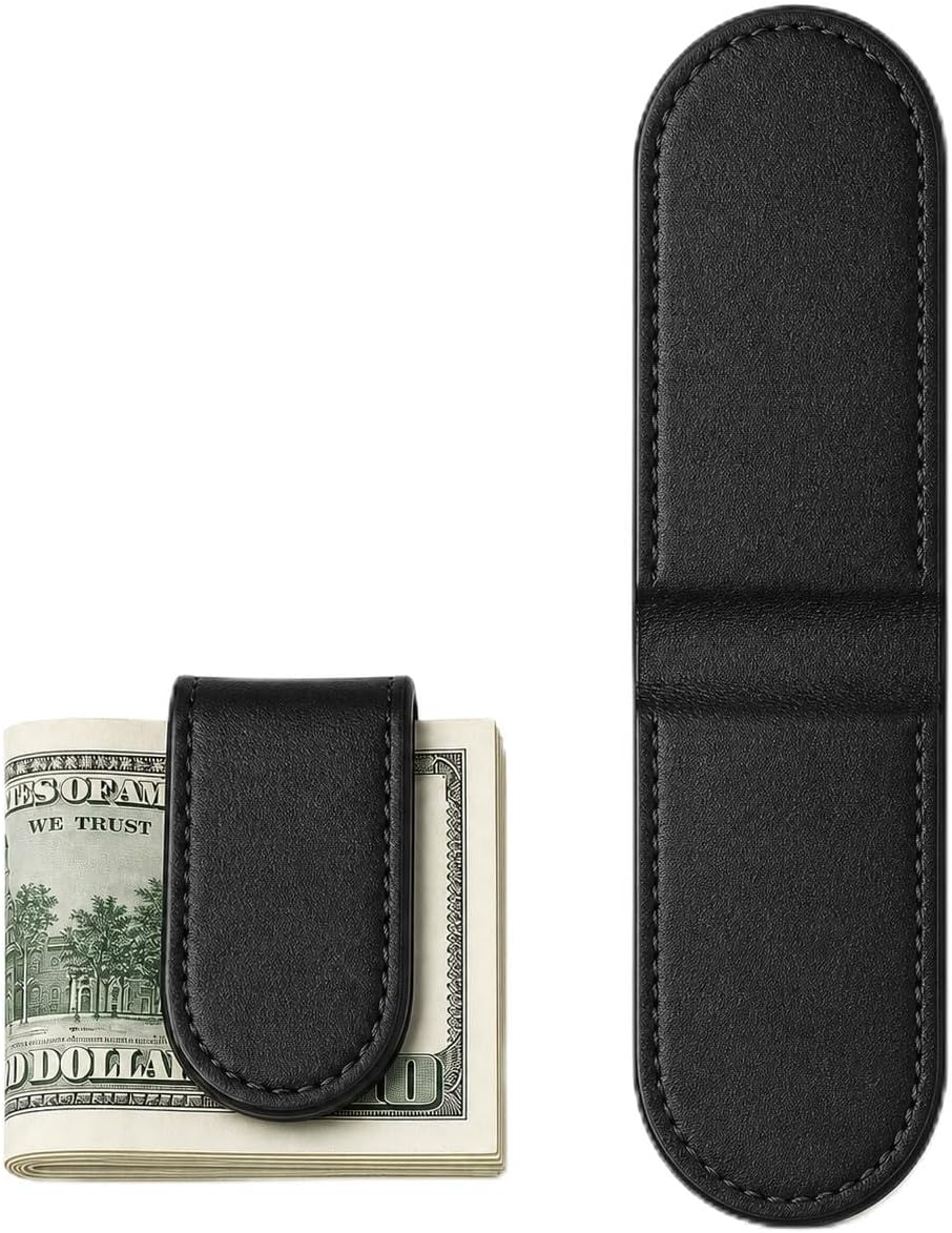 Slim Magnetic Leather Money Clip Business Card Holder (Black)