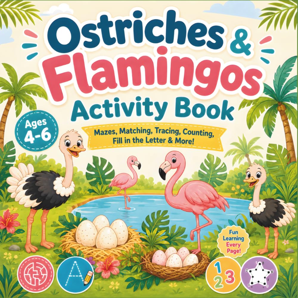 Ostriches & Flamingos Activity Book: Mazes, Matching, Tracing, Counting, Fill in the Letter & More!