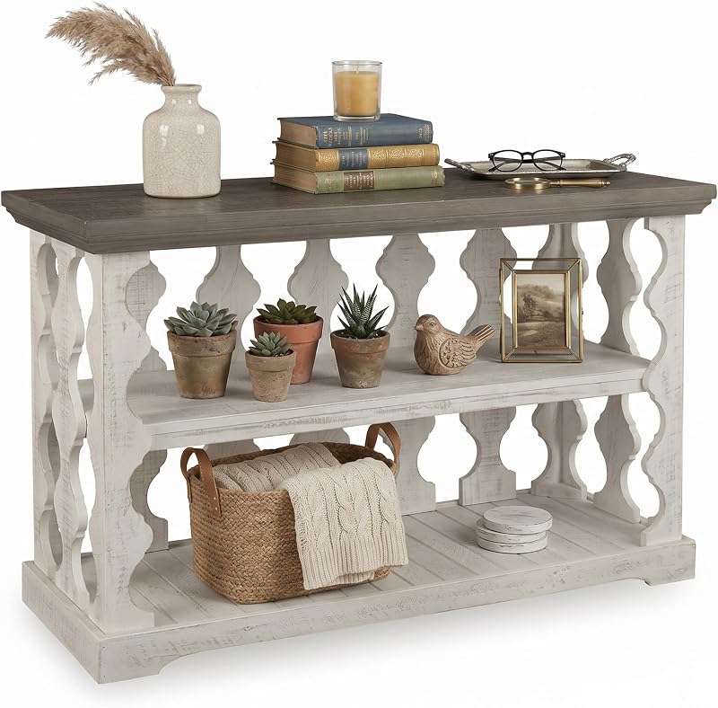 Signature Design by Ashley Sofa Console Table, Farmhouse, Gray/White | Distressed two-tone pine wood finish, 2-tier storage shelves, Versatile entryway or behind-couch display, Havalance Series