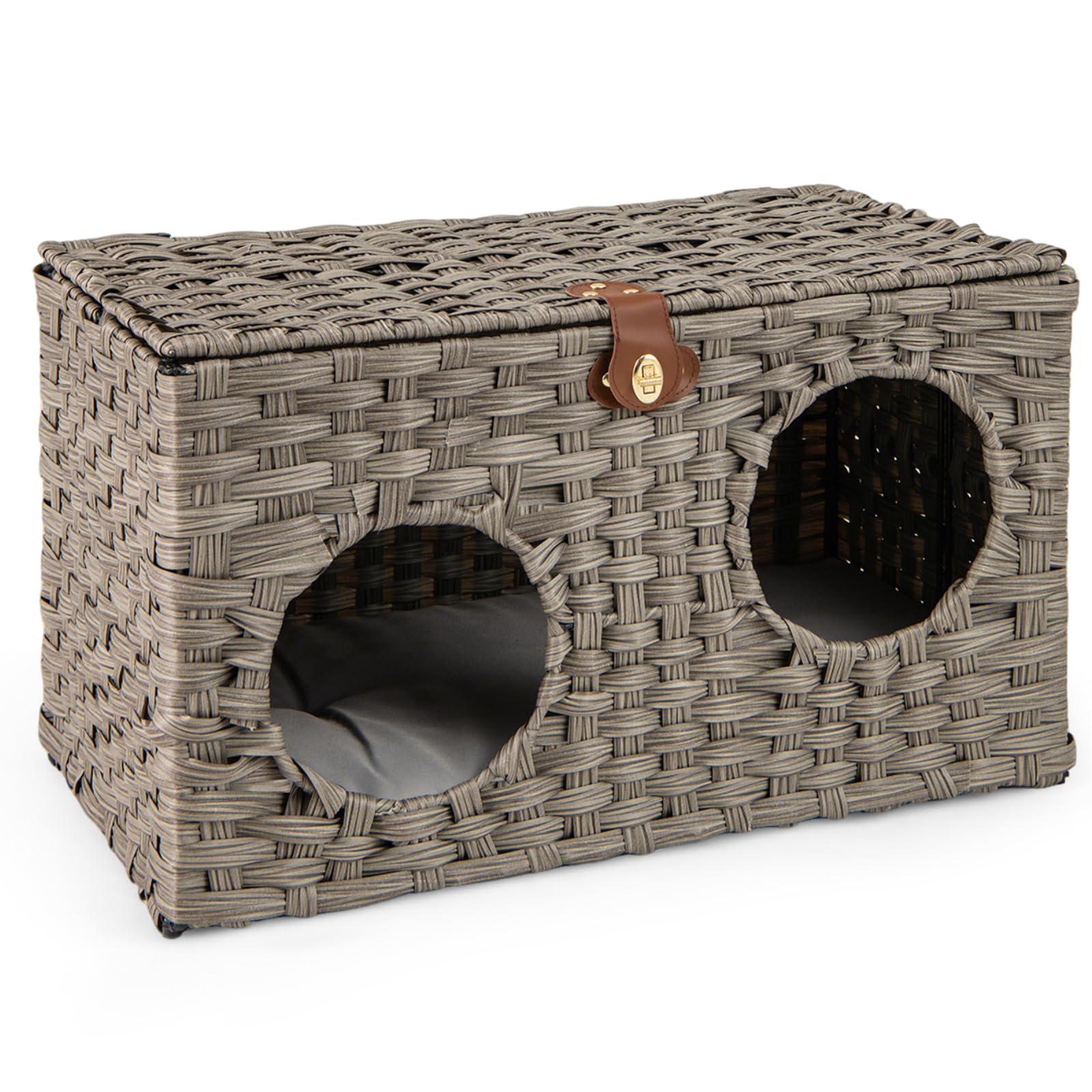 GYMAX Cuccia pieghevole per gatti, in rattan, con cuscino morbido lavabile e coperchio bloccabile, per interni, soggiorno e camera da letto (grigio, 60 x 35 x 35 cm)