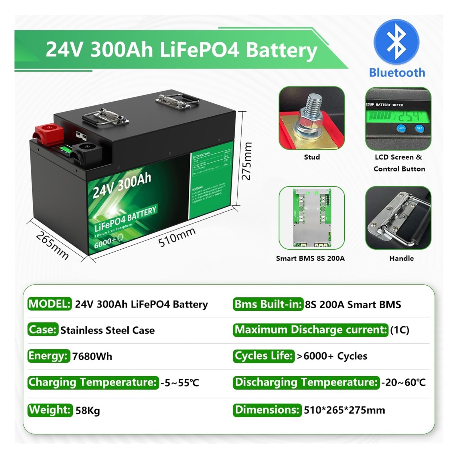 Batteria Al Litio LiFePO4 24V 300Ah 200Ah 100Ah 340Ah 140Ah 12V Bluetooth Grado A 6000 Cicli for Barca Da Golf for Camper(24V 340Ah 8.70Kwh)