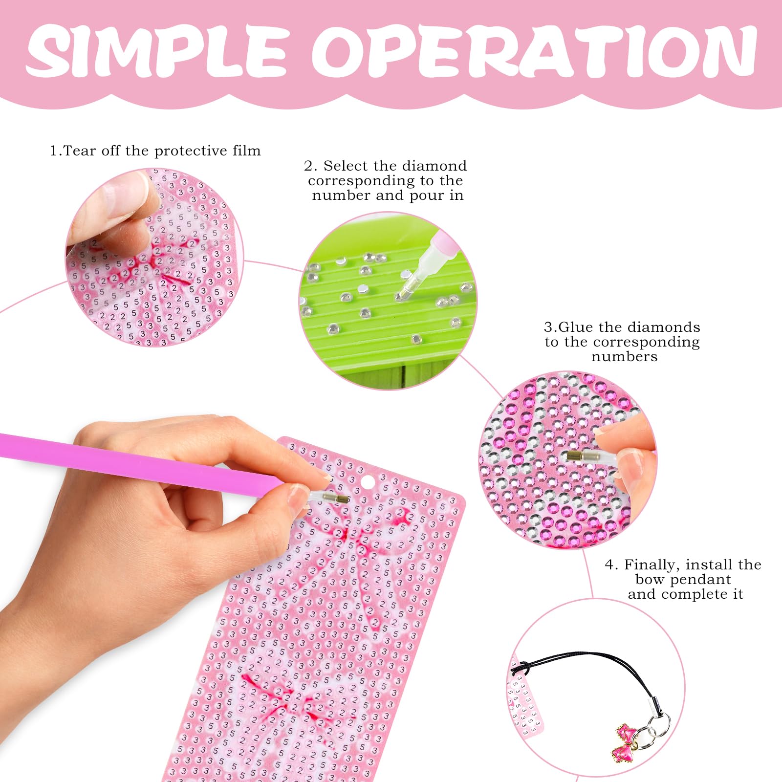 8PCS Pink Bow Diamond Art Bookmarks,5D Pink Bow Acrylic Bookmark, Tassel Bookmark DIY Making Beginner Children Adult Craft Supplies - Image 4