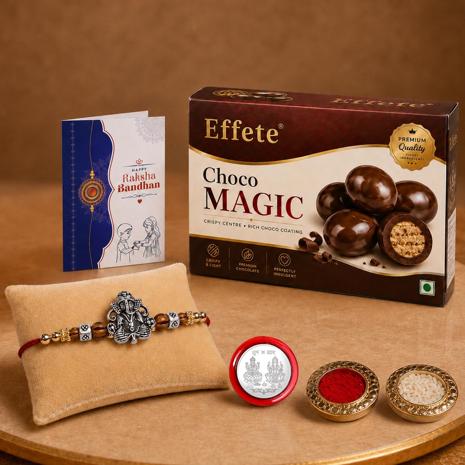 Vacalvers Rakhi with Chocolate for Brother – Ganu Ji Design Rakhi with Choco Magic Chocolate 32g, Tilak Set, Silver Color Pooja Coin & Greeting Card – Traditional Raksha Bandhan Combo Set