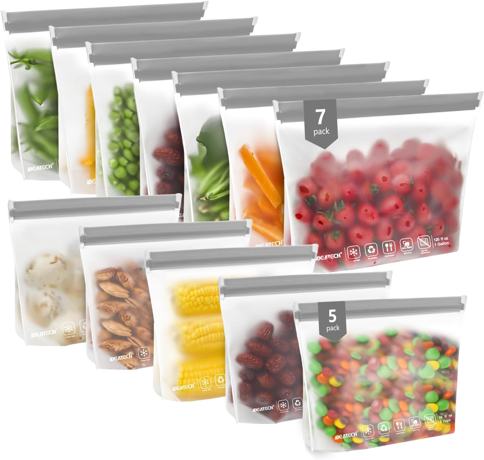 IDEATECH Sandwich Food Storage Bags, BPA Free PEVA Reusable Gallon Freezer Bags, Reusable Sandwich Bag, Healthy Food Containers for Lunch, Travel (Grey, 12Pack-7Gallon+5Quart)