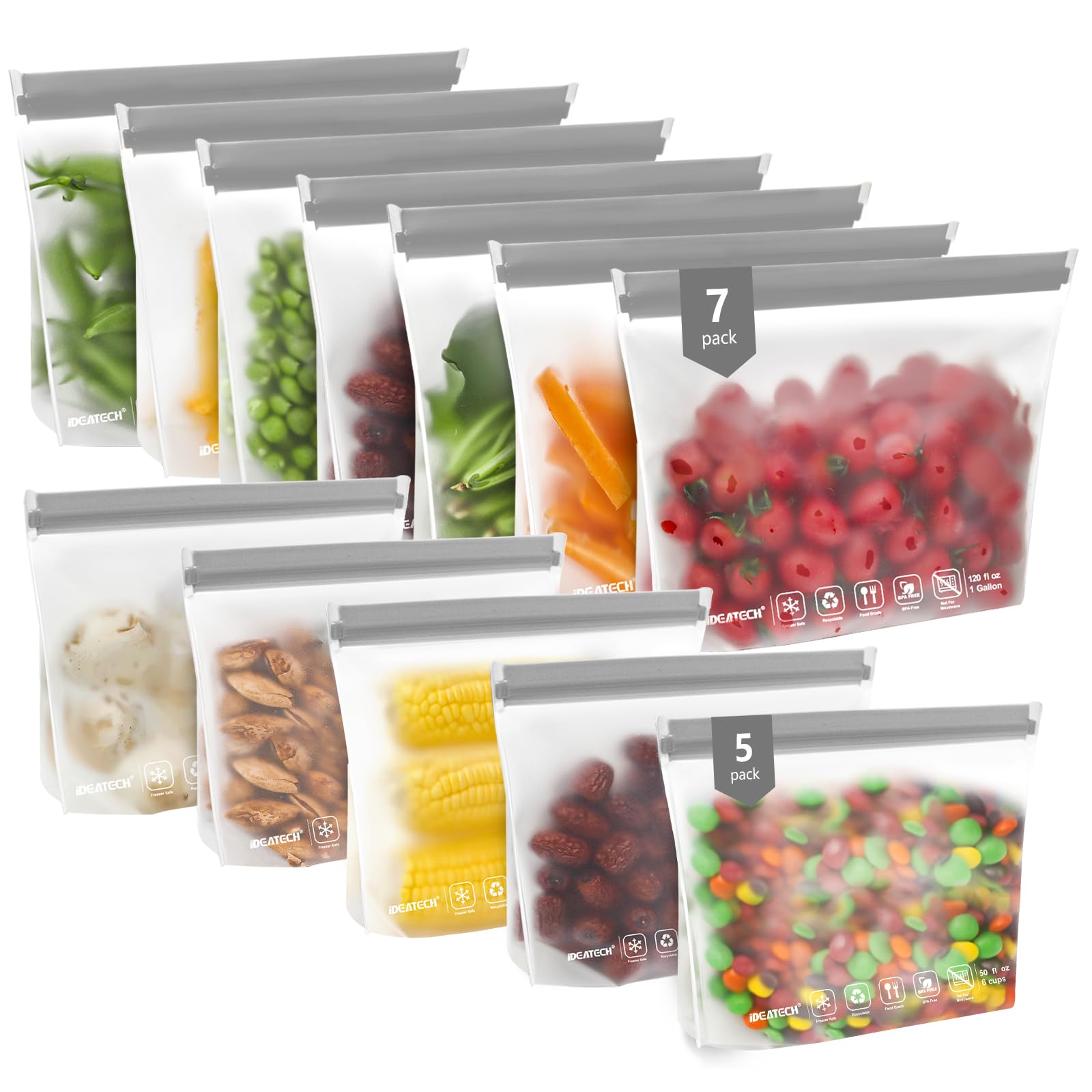 IDEATECHSandwich Food Storage Bags, BPA Free PEVA Reusable Gallon Freezer Bags, Reusable Sandwich Bag, Healthy Food Containers for Lunch, Travel (Grey, 12Pack-7Gallon+5Quart)