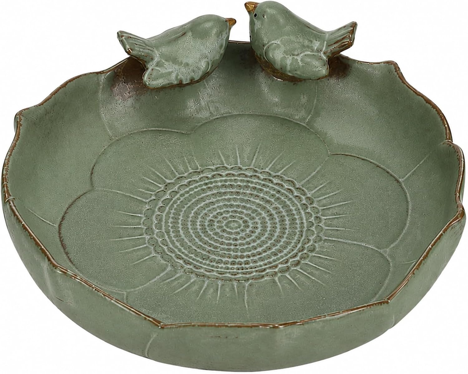 Ceramic Bird Bath Bowl with Lotus Leaf Design, 9.4 in, 3.3 in Deep|Songbird Rim Accents, Sunflower Pattern, Natural Green Finish, Easy-Clean Construction, Hydroponic Planter, Patio Decor
