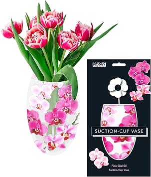 MODGY Suction Cup Expandable Vase Plastic Decorative Modern Window Wall Decor Flower Container for Kitchen, Living Room, Bathroom, Office, 1 Per Sleeve, Hilma af Klint, Pink Orchid