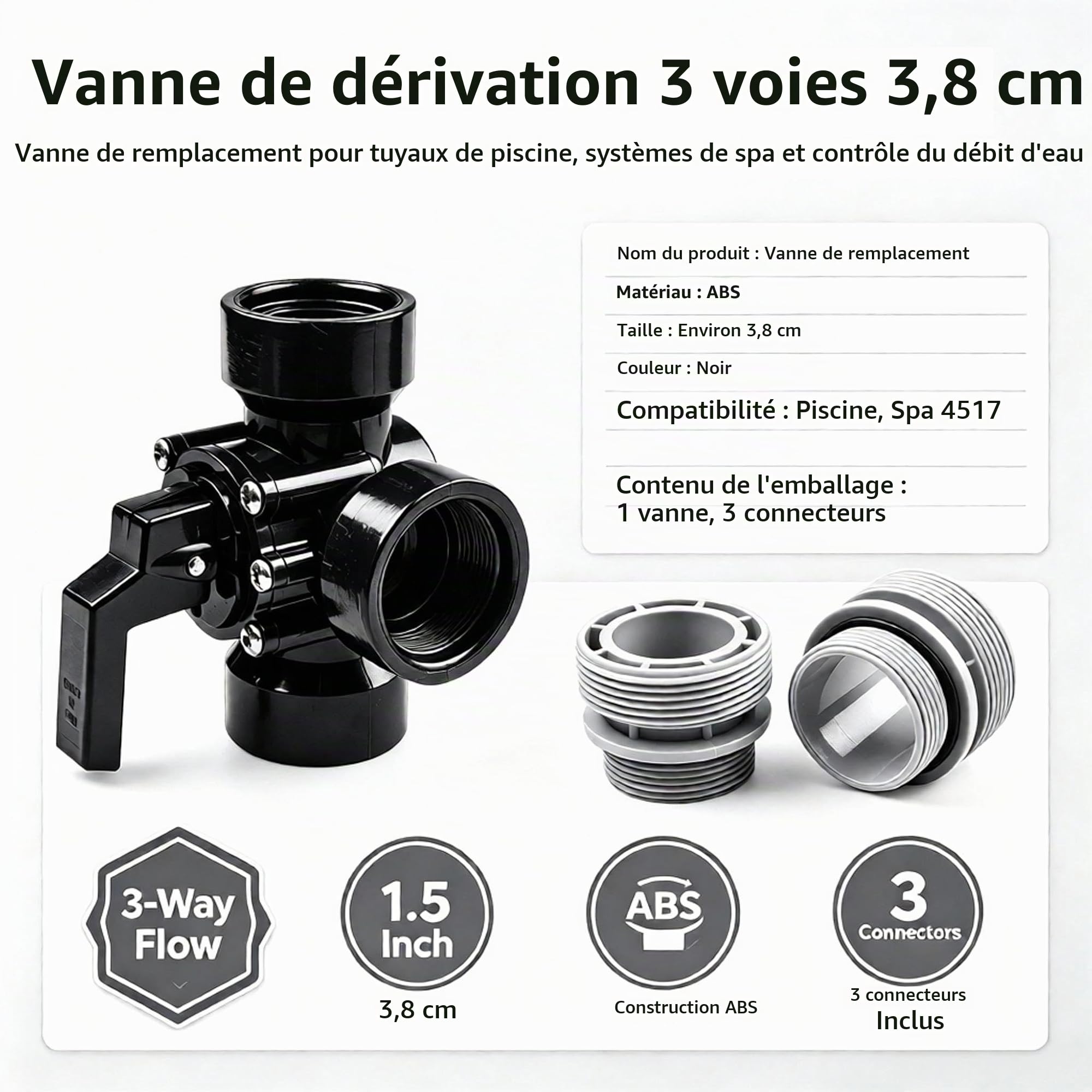 Vannes de dérivation de piscine à 3 voies pour piscine, spa, vanne de dérivation d'eau de 3,8 cm, connecteur de contrôle du débit d'eau avec ouverture filetée pour pièces d'équipement